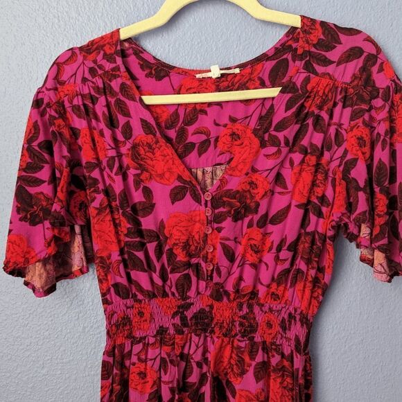 Abel the Label Dress Hi/Low Smocked Flutter Sleeve Red Pink Black Floral XSmall - Picture 3 of 11